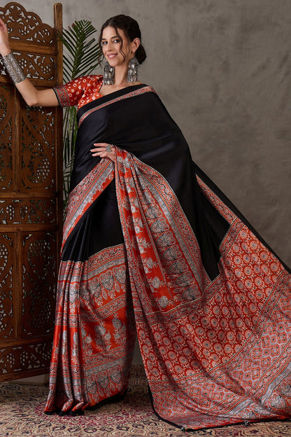 Licorice Black Pure Soft Modal Satin Ajrakh Print Satin Saree Japan Satin Saree Anant Tex Exports Pvt.Ltd..