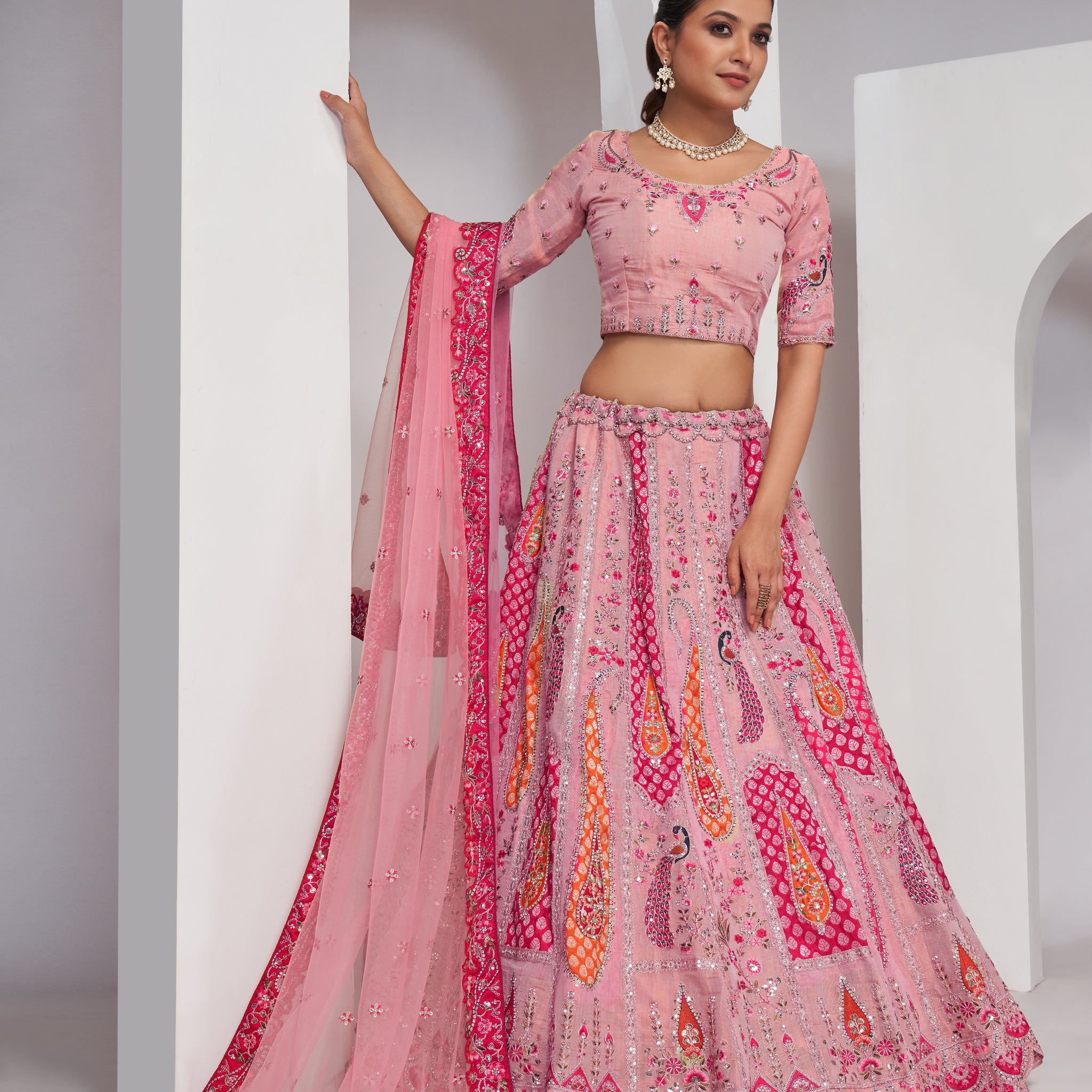 Flamingo Pink Embroidered Bridal Lehenga with Soft Net Dupatta