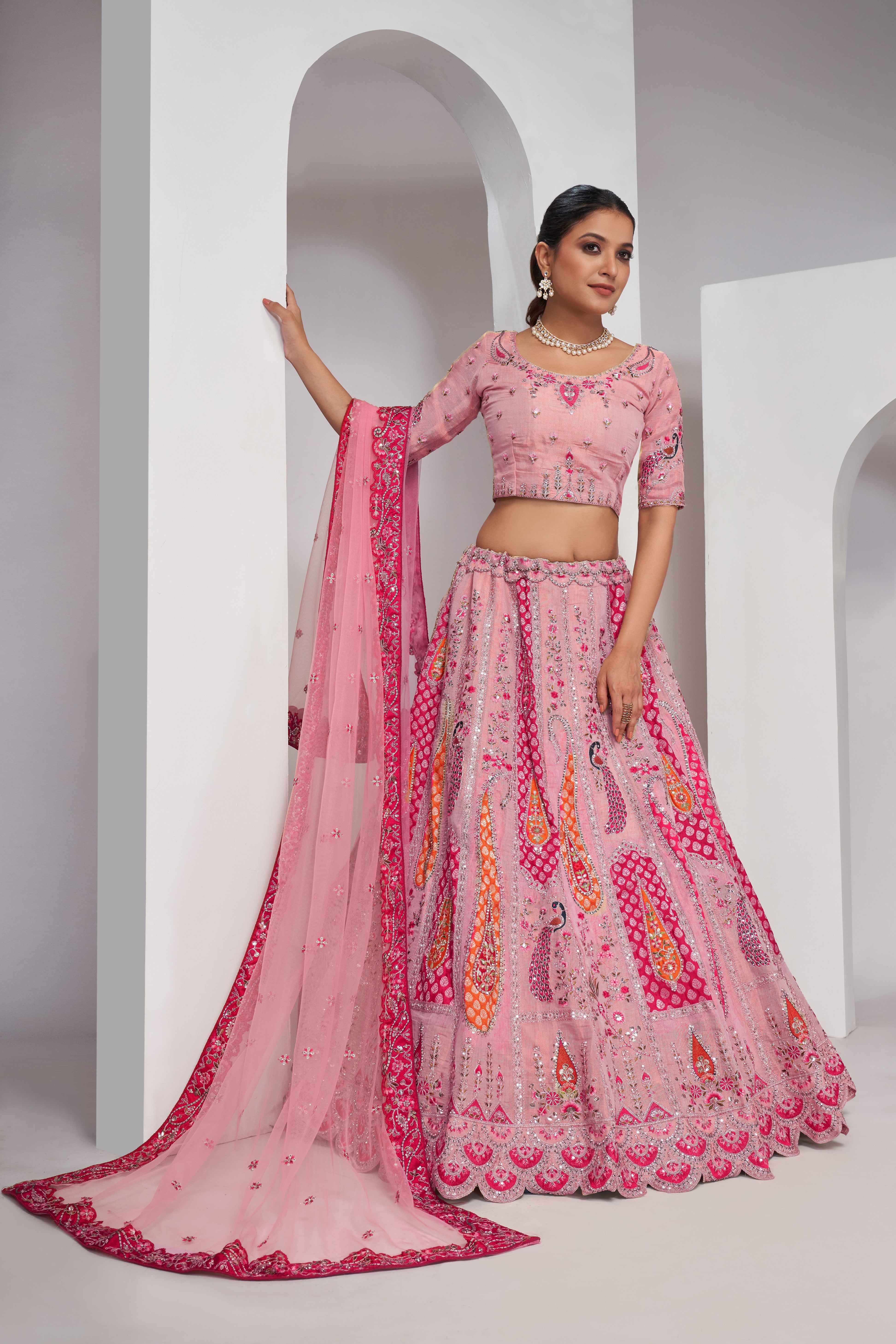 Flamingo Pink Embroidered Bridal Lehenga with Soft Net Dupatta