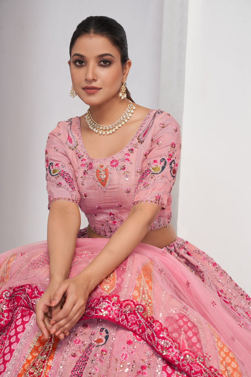 Flamingo Pink Embroidered Bridal Lehenga with Soft Net Dupatta