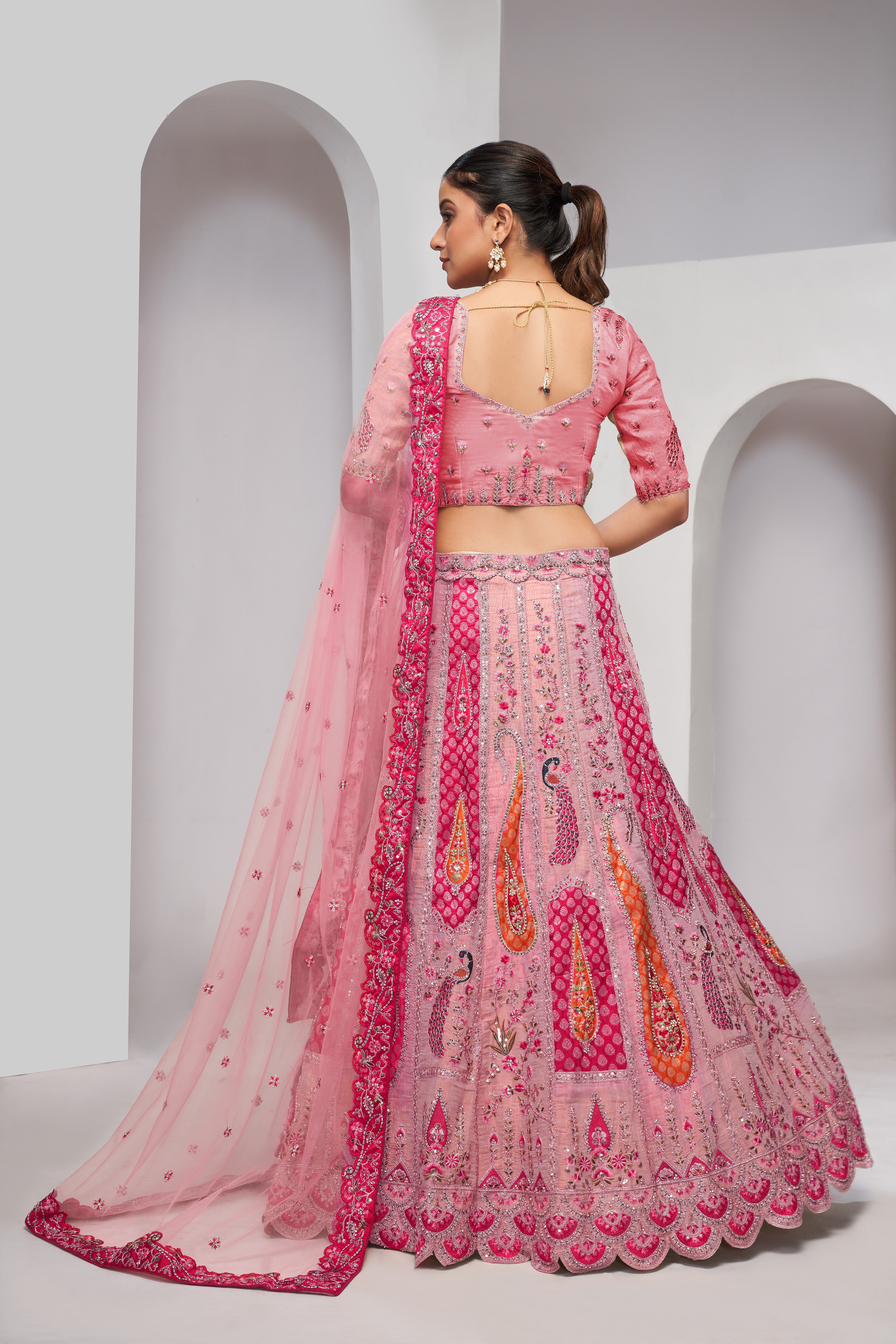 Flamingo Pink Embroidered Bridal Lehenga with Soft Net Dupatta