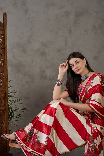 Red &amp; Ivory Semi Modal Floral Printed Party Wear Saree with Blouse 
