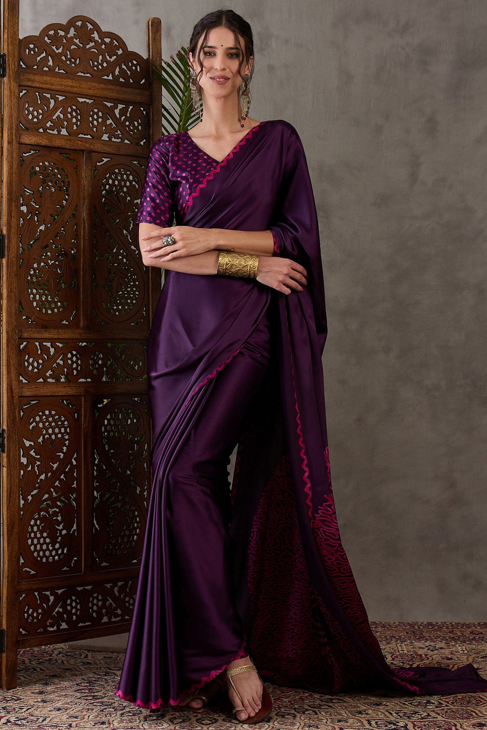 Purple Pure Gaji Silk Satin Printed Saree ##color## Japan Satin Saree with premium fabric and embroidery