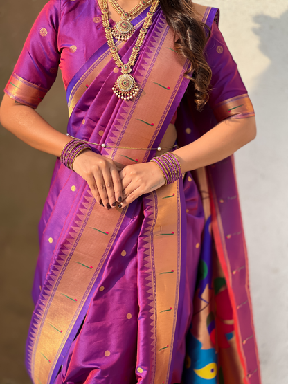 Purple Wedding Special Nauvari Paithani Soft Silk Saree 