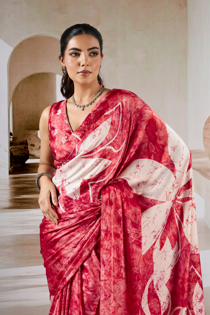 Red Modal Satin Hand Prism Print Saree 
