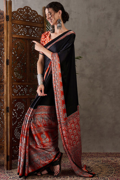 Licorice Black Pure Soft Modal Satin Ajrakh Print Satin Saree Japan Satin Saree Anant Tex Exports Pvt.Ltd..