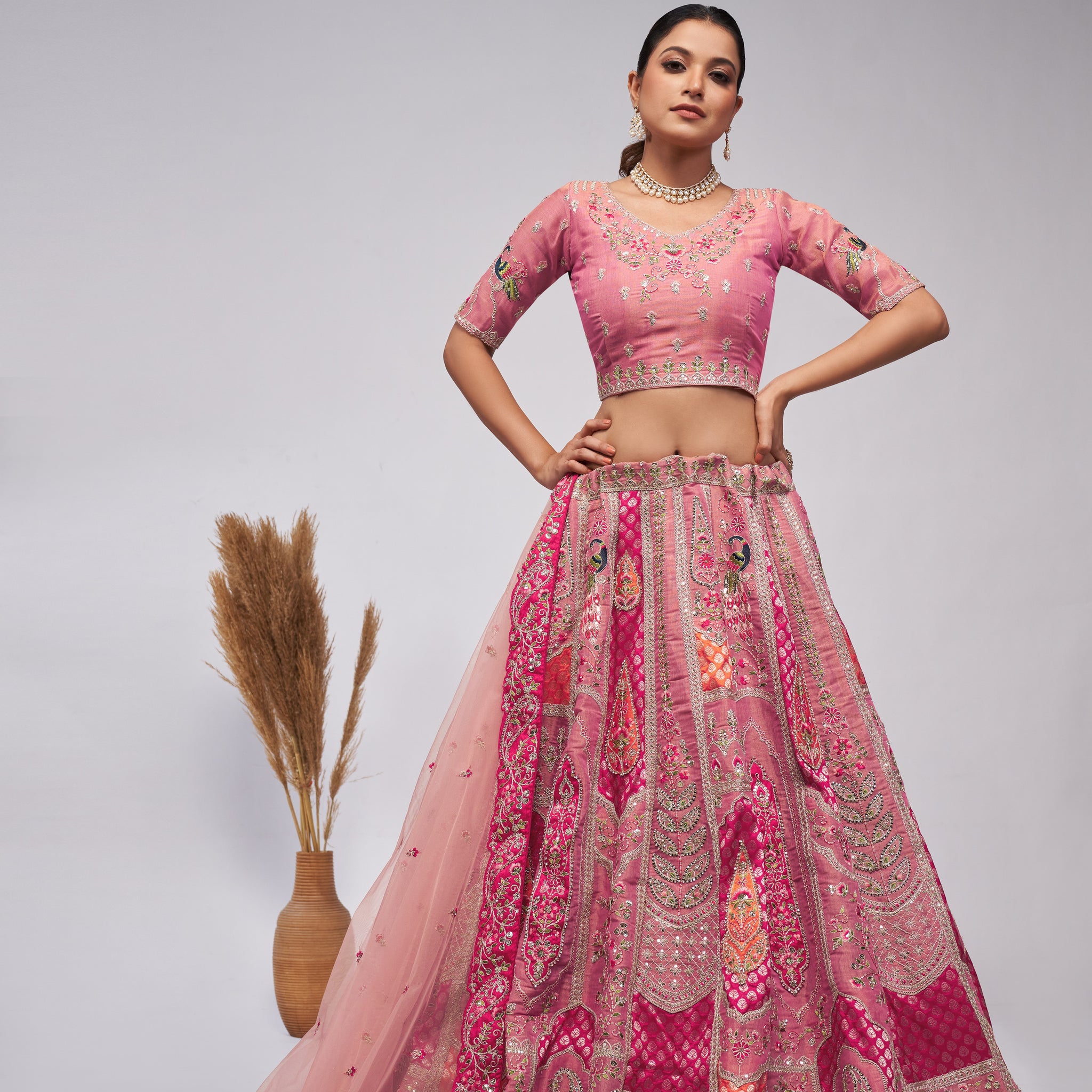 Elegant Pink Organza Silk Lehenga Ensemble