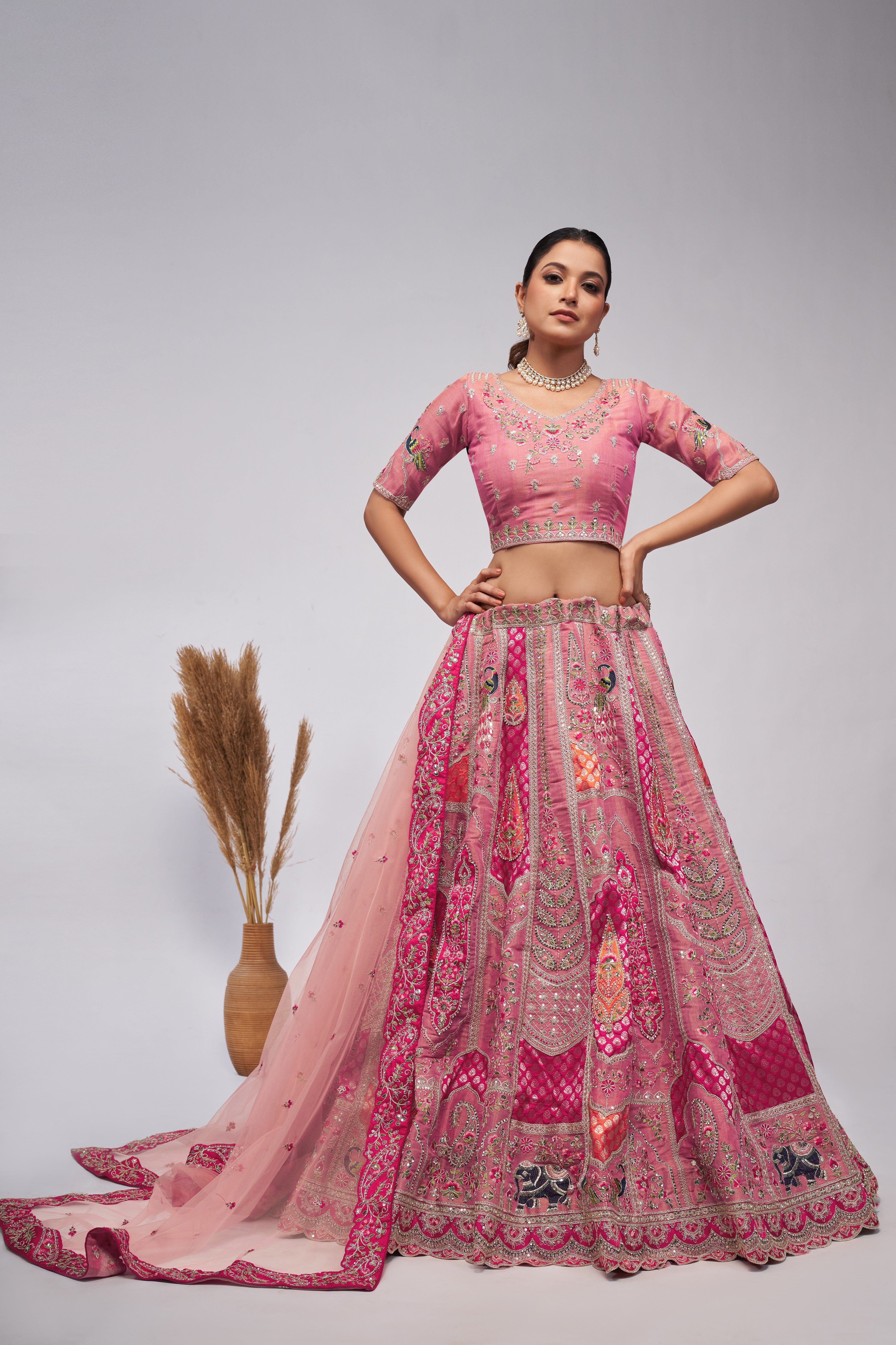 Elegant Pink Organza Silk Lehenga Ensemble