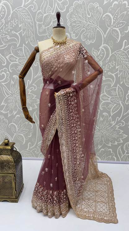 Wine Pure Premium Net Handwork Kasti &amp; Motif Zari Metallic Sequins Work Wedding Saree