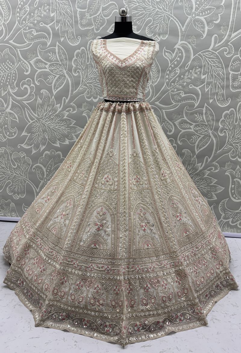 White Pure Soft Satin Silk Heavy Embroidery Work Bridal Lehenga