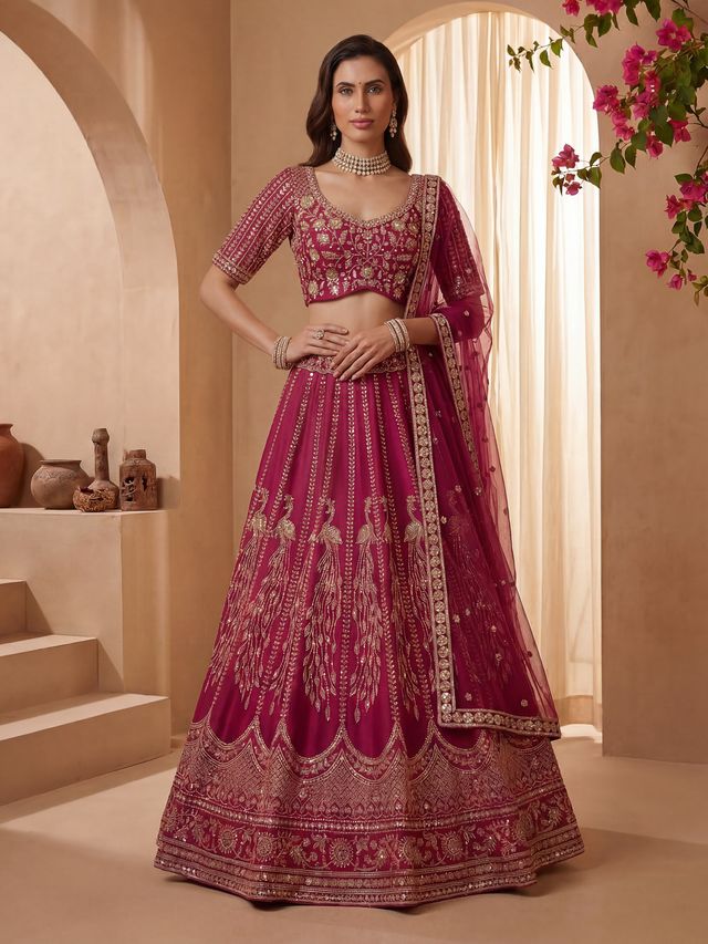 Rani Pink Pure Soft Heavy Net Sequins Embroidery Work Bridal Lehenga Choli 