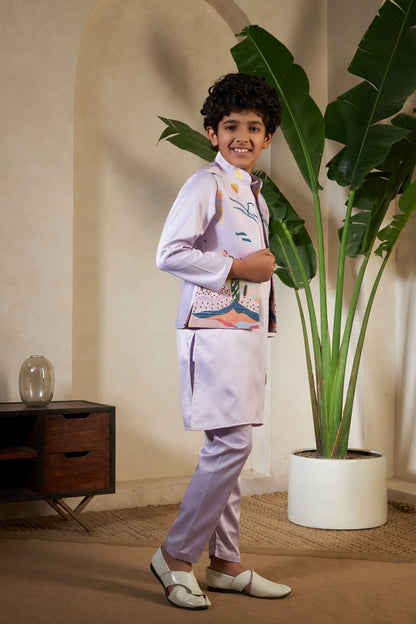 Lavender Pure Satin Silk Kids Boy Kurta Pajama With Koti Jacket 