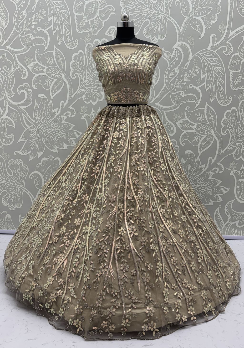 Golden Pure Soft Net Heavy Embroidery Work Bridal Lehenga