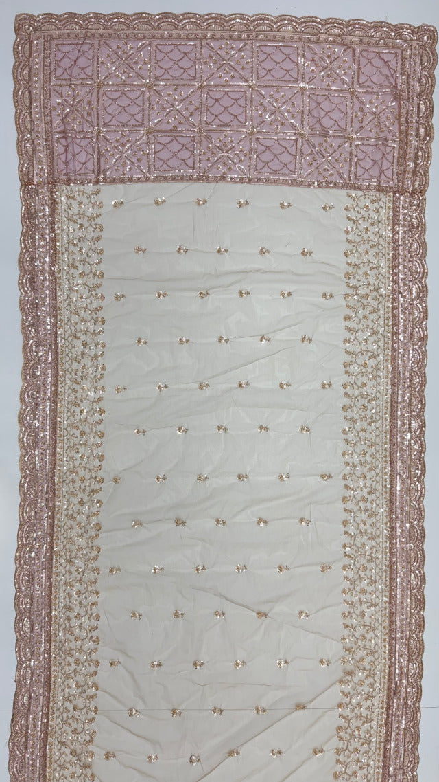 Cream Gold Pure Premium Net Handwork Kasti &amp; Motif Zari Metallic Sequins Work Wedding Saree