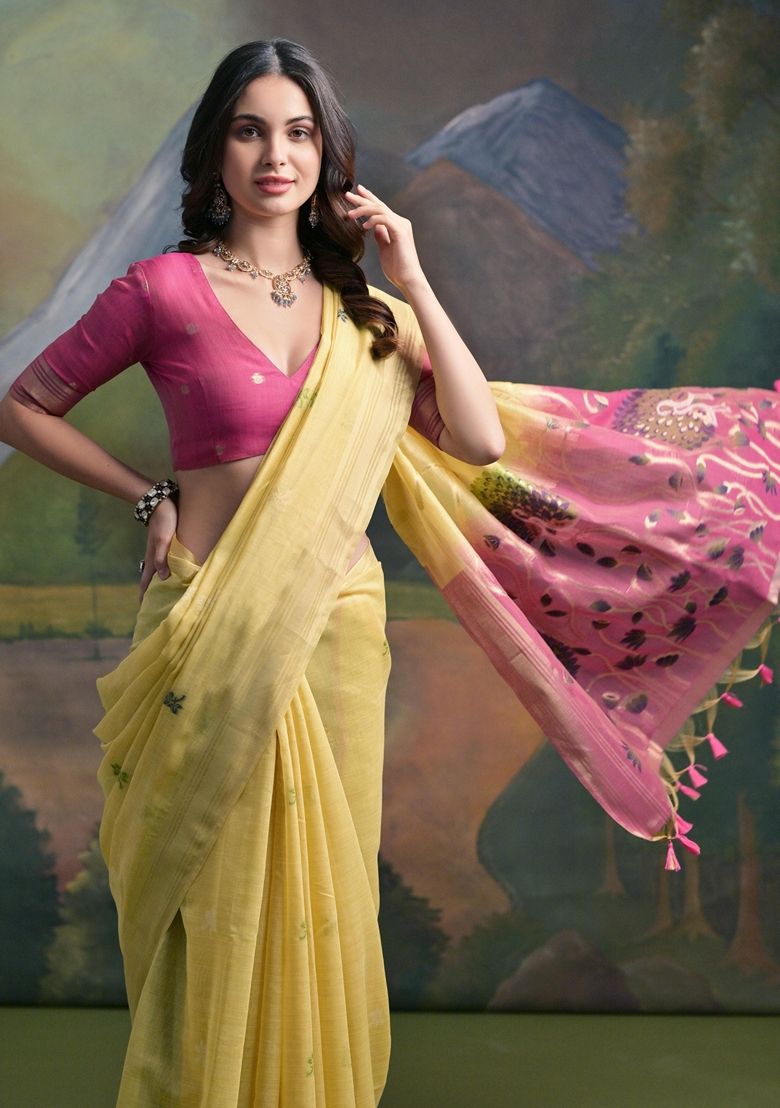 Lemon Yellow Pure Soft Munga Handloom Weaving Cotton Saree