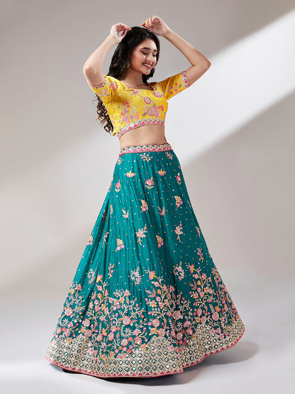 Teal Georgette Sequins Work Floral Lehenga &amp; Blouse with Pink Dupatta