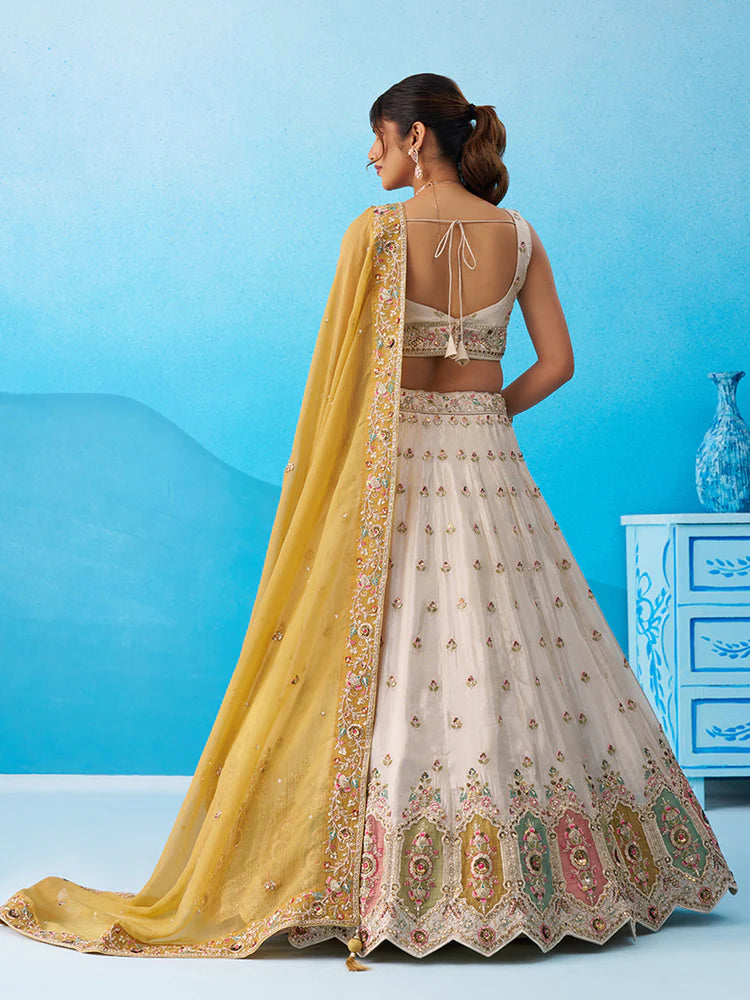 Cream Yellow Tissue Silk Sequins Embroidered Lehenga Choli with Dupatta 