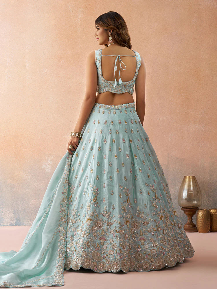 Sky Blue Tissue Silk Sequins Embroidered Lehenga Choli with Dupatta