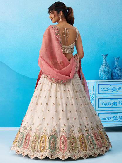 Cream Pink Tissue Silk Sequins Embroidered Lehenga Choli with Dupatta