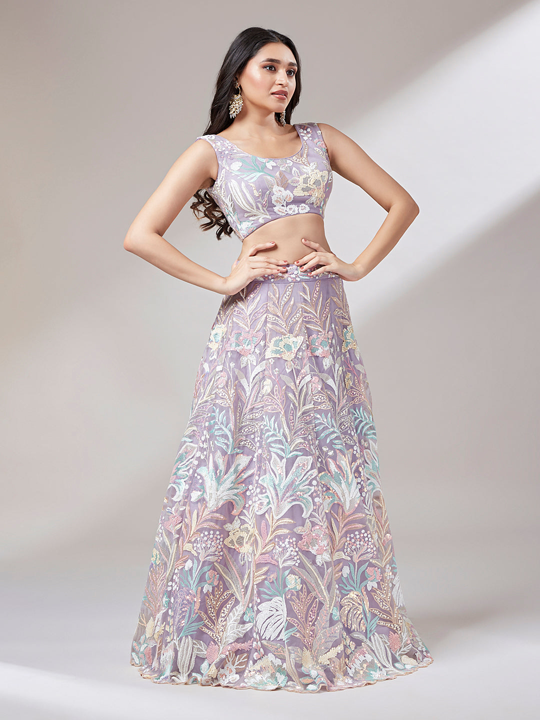 Mauve Floral Net Sequin Work Lehenga &amp; Unstitched Blouse with Dupatta
