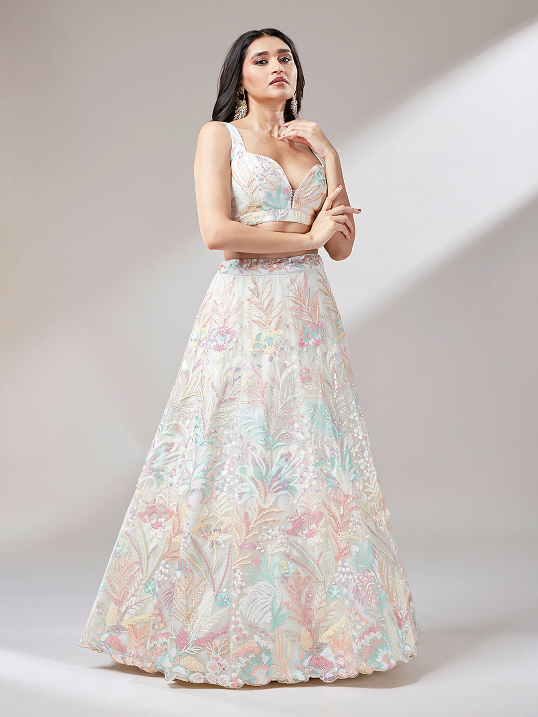 Cream Floral Net Sequin Work Lehenga &amp; Unstitched Blouse with Dupatta
