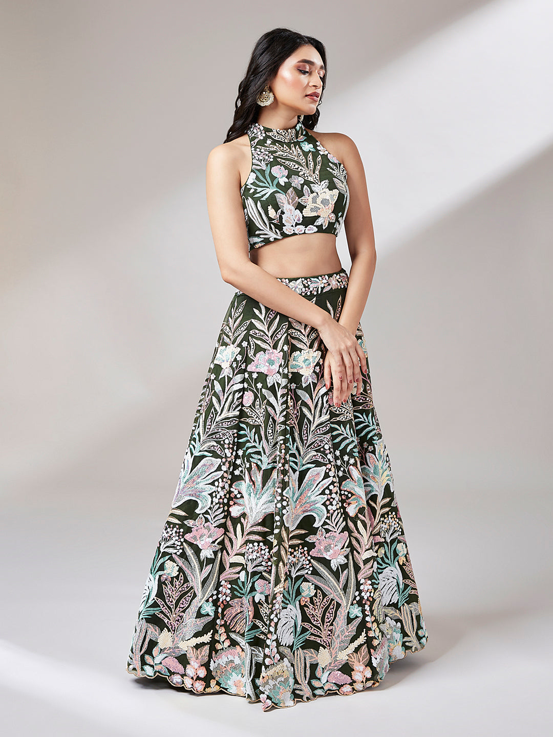 Olive Floral Net Sequin Work Lehenga &amp; Unstitched Blouse with Dupatta
