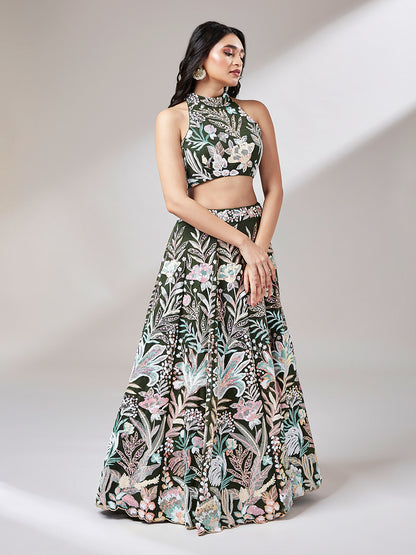 Olive Floral Net Sequin Work Lehenga &amp; Unstitched Blouse with Dupatta