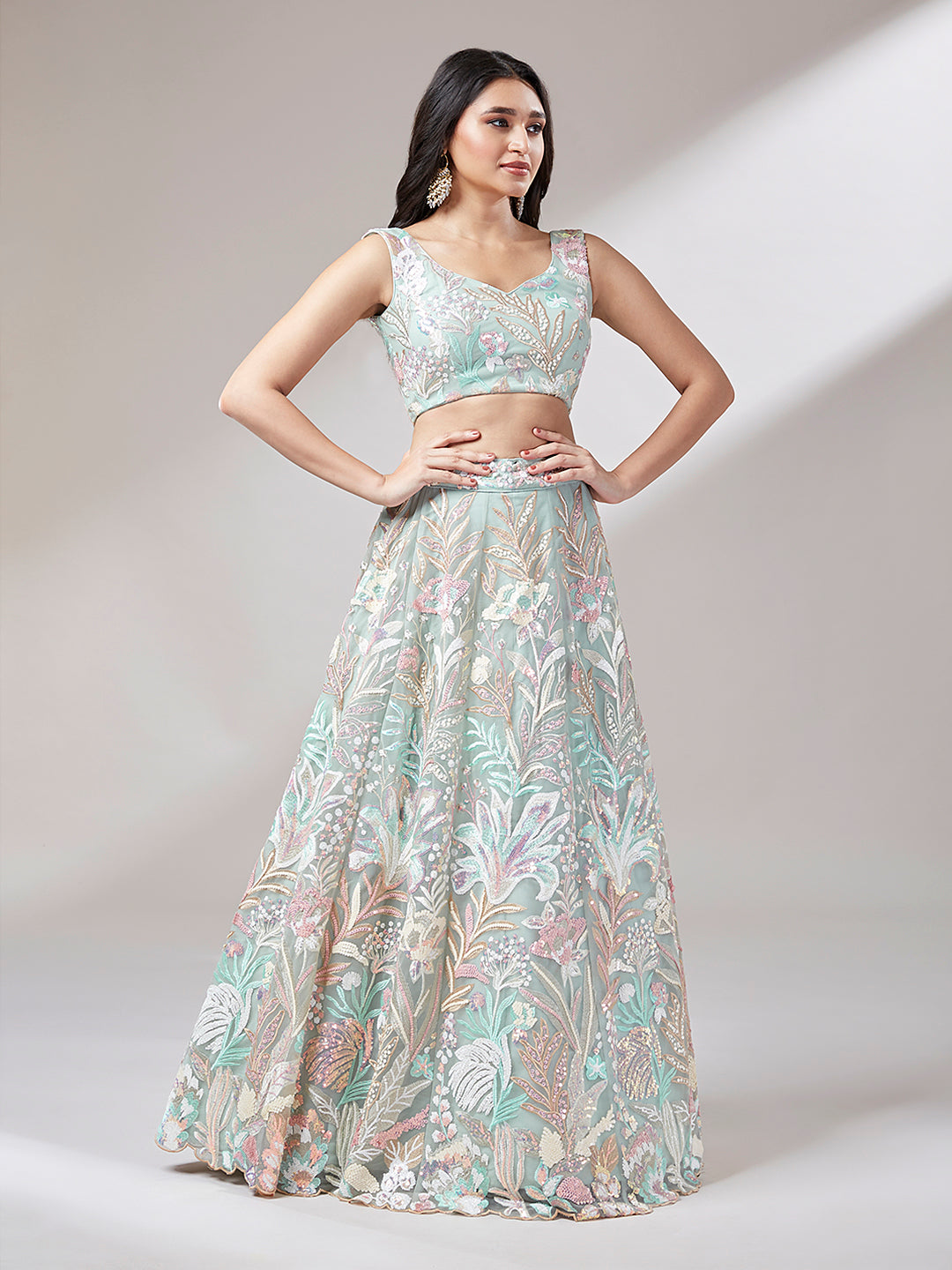 Net lehenga choli set for Mehendi

