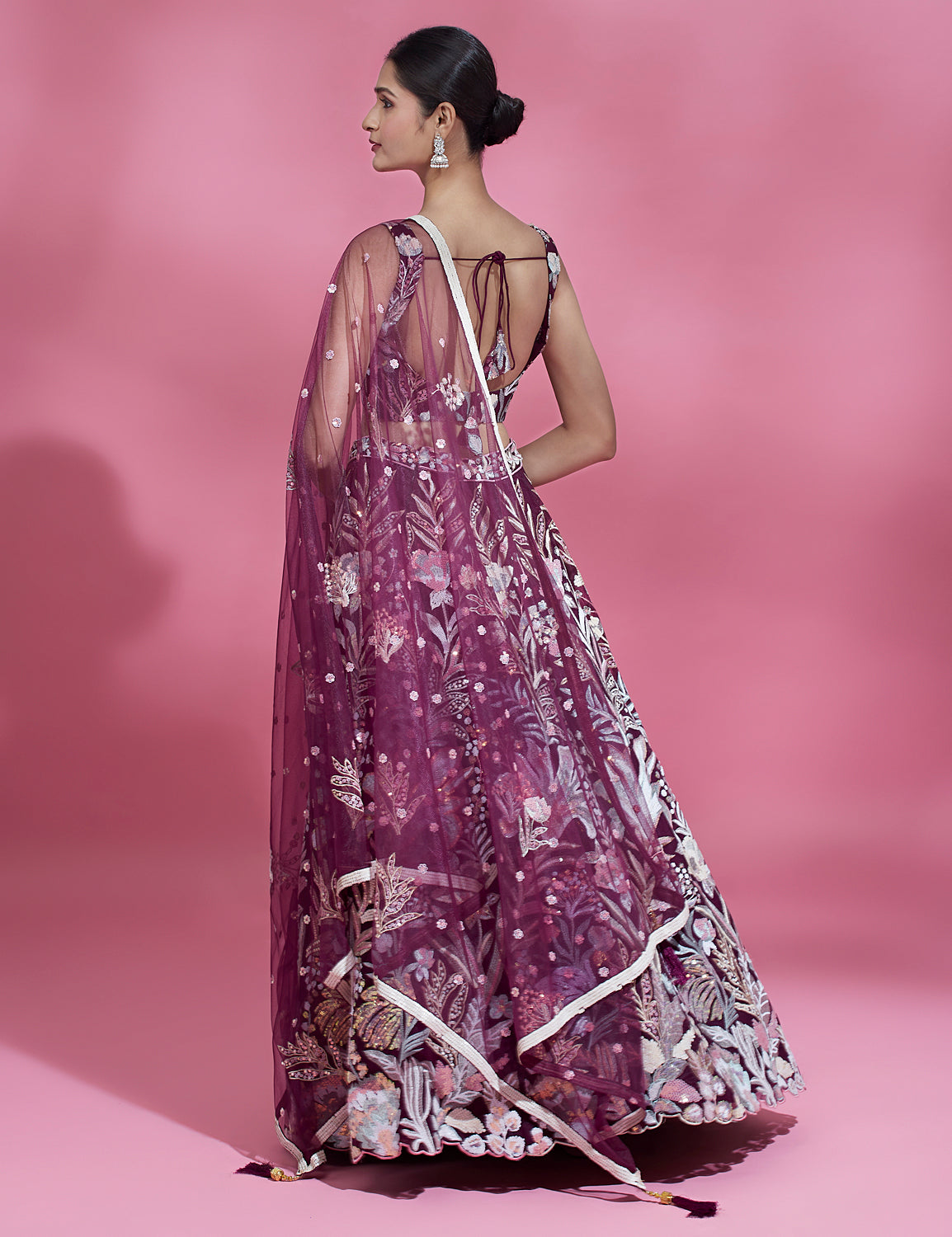 Burgundy Net Sequence Work Floral Lehenga &amp; Blouse with Dupatta