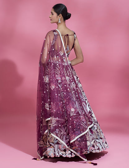 Burgundy Net Sequence Work Floral Lehenga &amp; Blouse with Dupatta