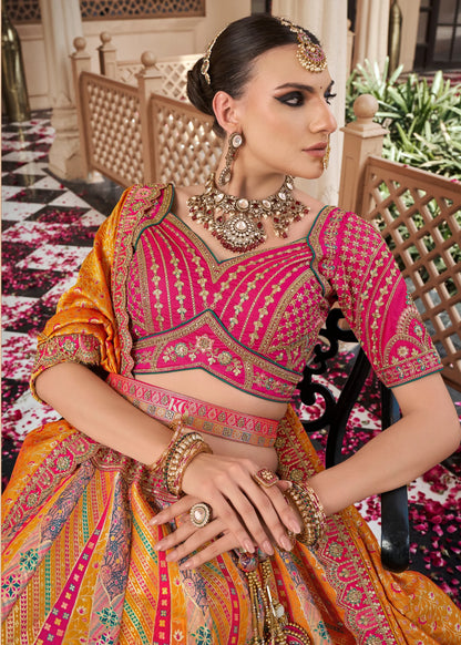 Orange Pink Banarasi Silk Lehenga Choli with Zarkan Work