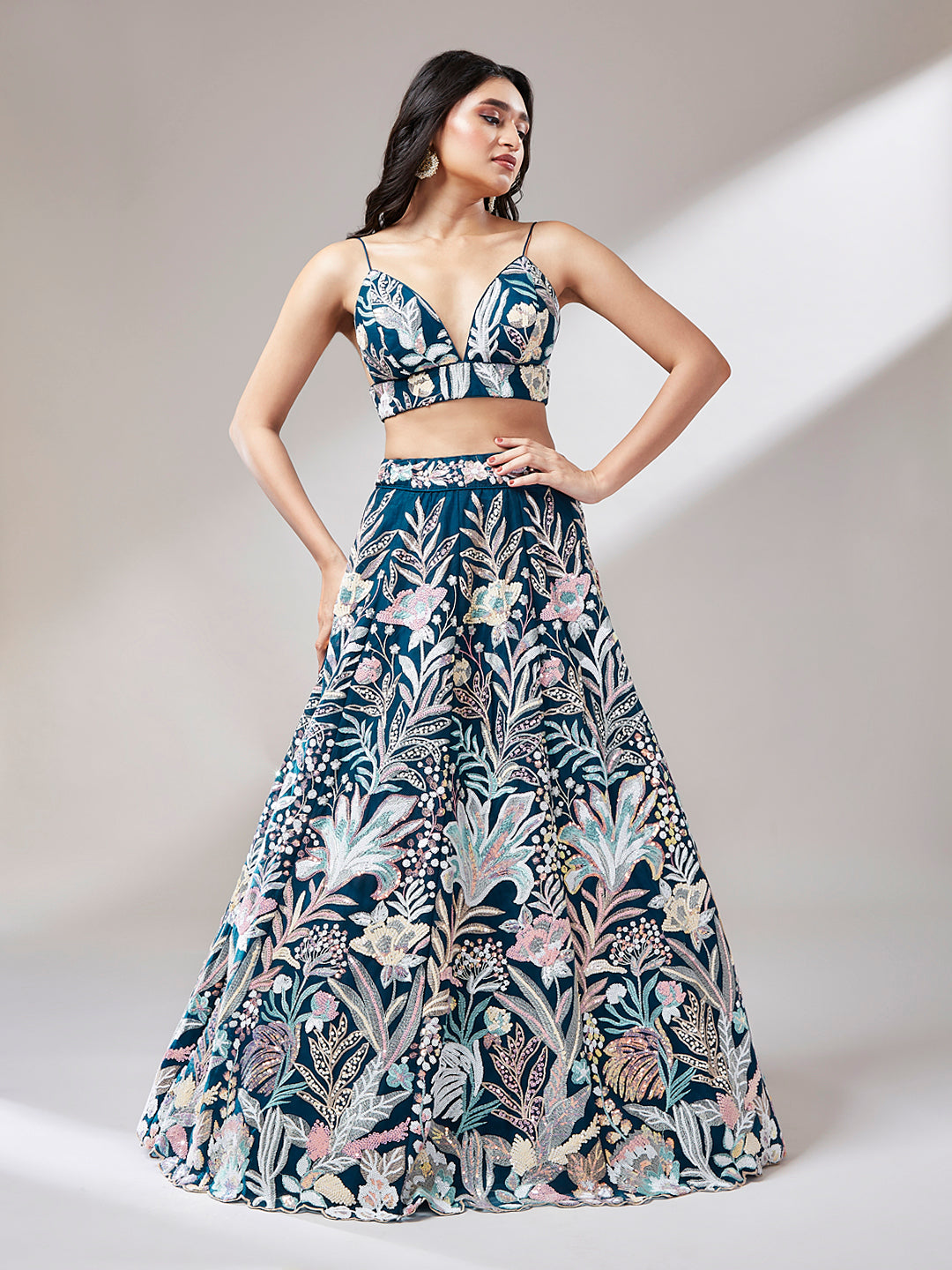 Semi-stitched party wear navy lehenga set

