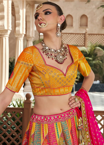 Yellow &amp; Pink Banarasi Silk Lehenga Choli with Zarkan Work