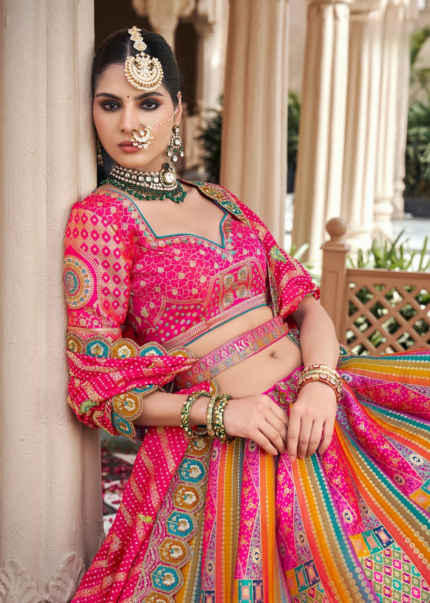 Rani Pink Multicolor Banarasi Silk Lehenga Choli with Zarkan Work