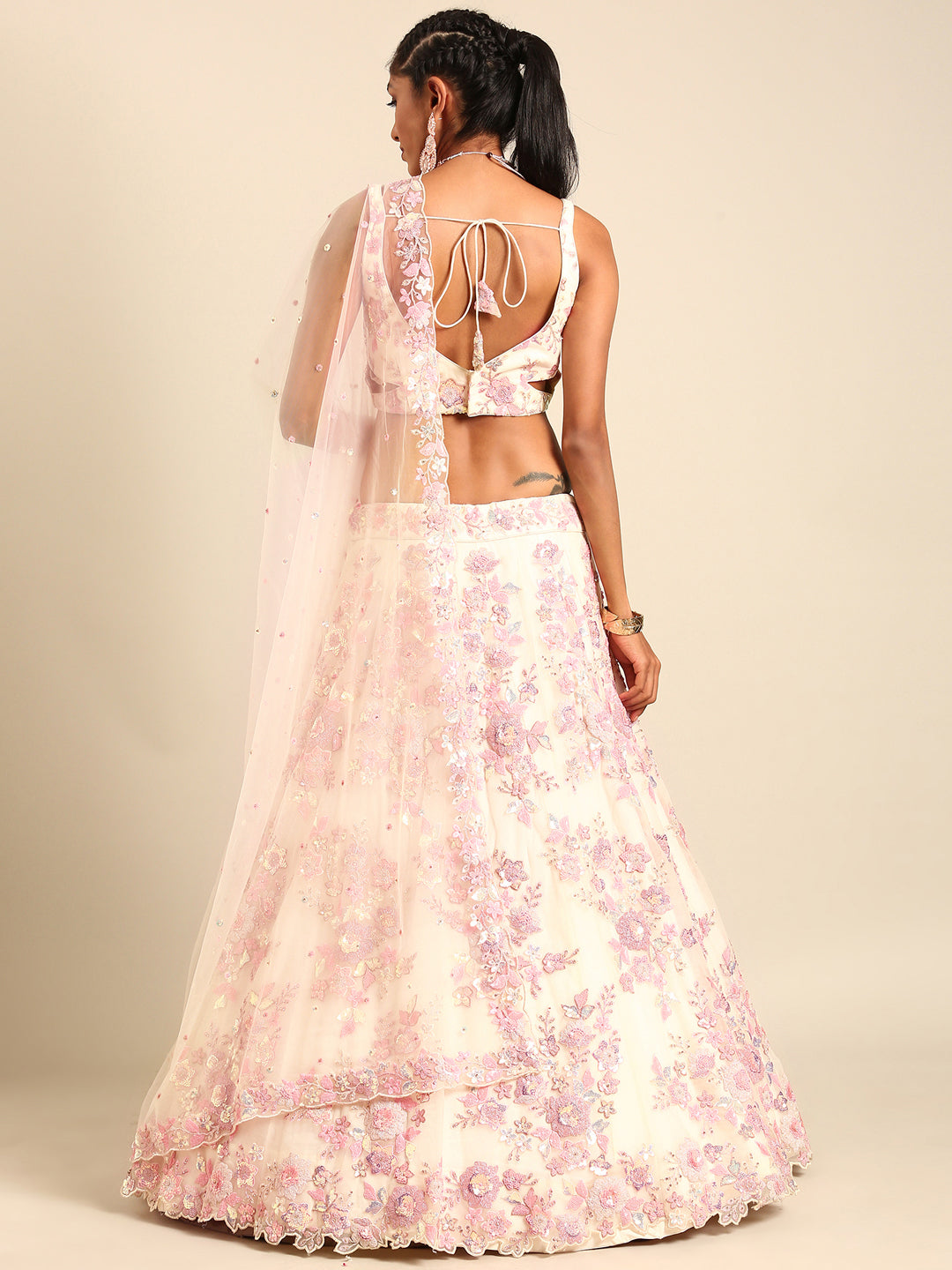 Cream Net Floral Sequins with Heavy Zarkan Embroidery Lehenga Choli &amp; Dupatta