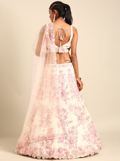 Cream Net Floral Sequins with Heavy Zarkan Embroidery Lehenga Choli &amp; Dupatta