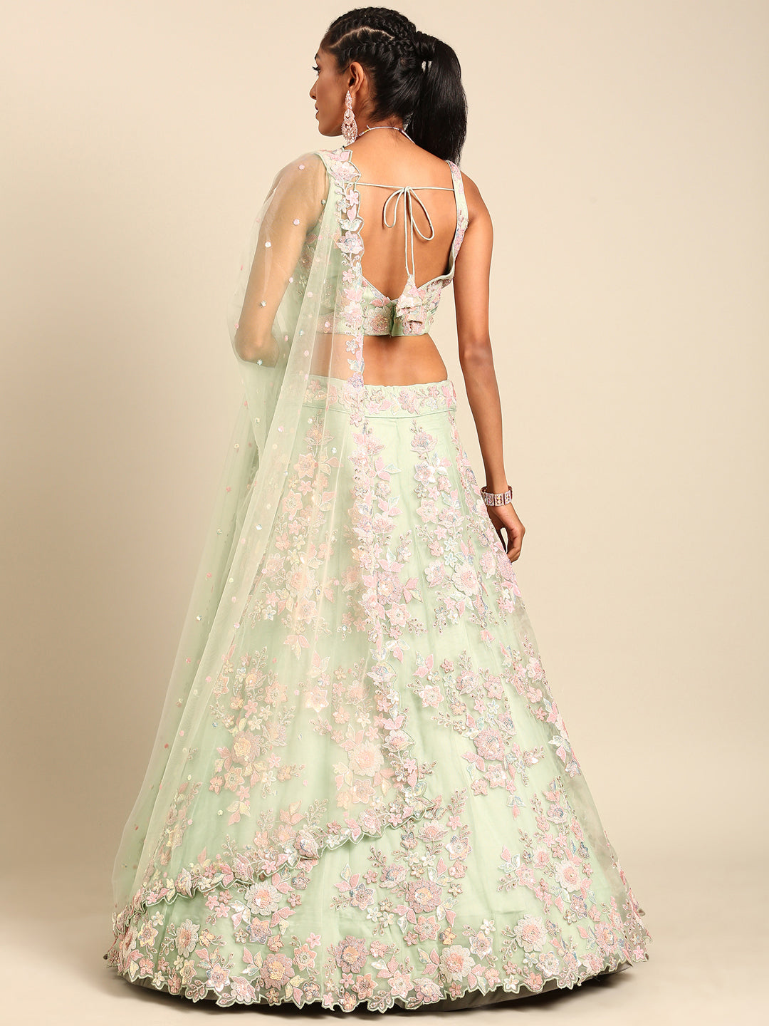 Lime Green Net Floral Sequins with Heavy Zarkan Embroidery Lehenga Choli &amp; Dupatta
