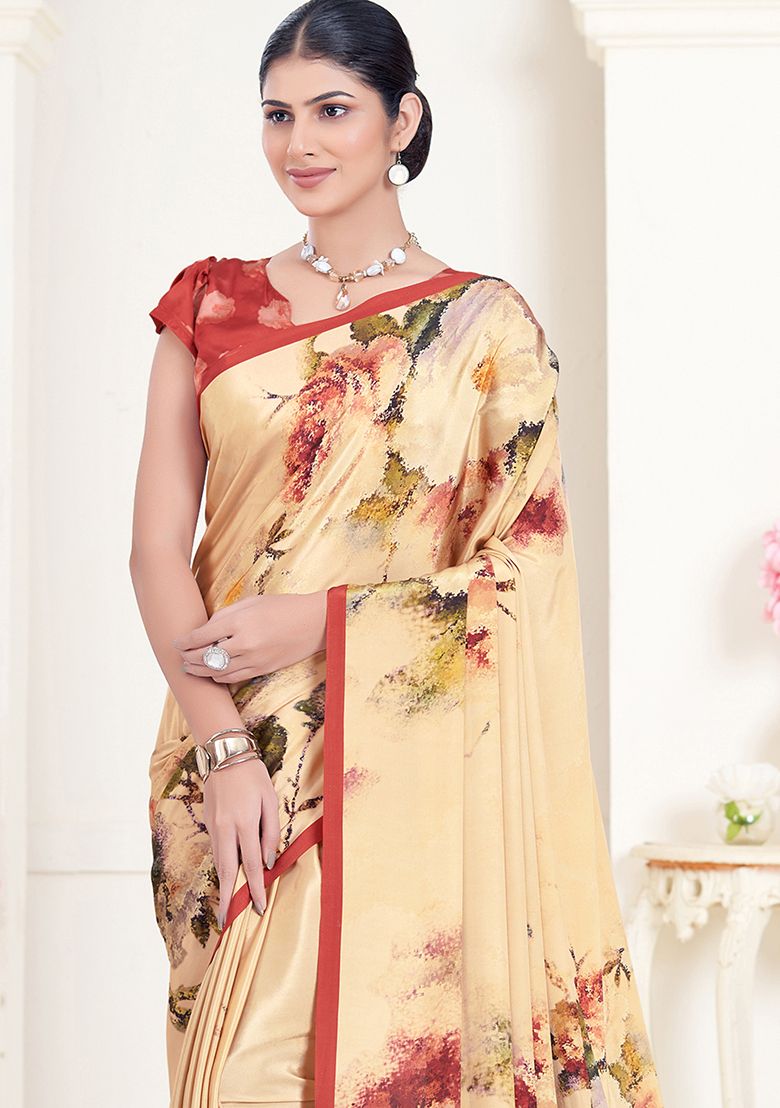Cream Pure Soft Crape With Flower Digital Prints Satin Saree