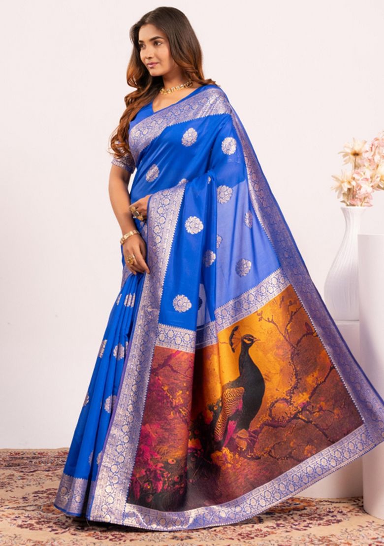 Blue Pure Soft Banarasi Silk Zari Woven Saree ##color## Banarasi Saree with premium fabric and embroidery