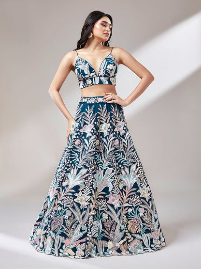 Navy Blue Floral Net Sequin Work Lehenga &amp; Unstitched Blouse with Dupatta
