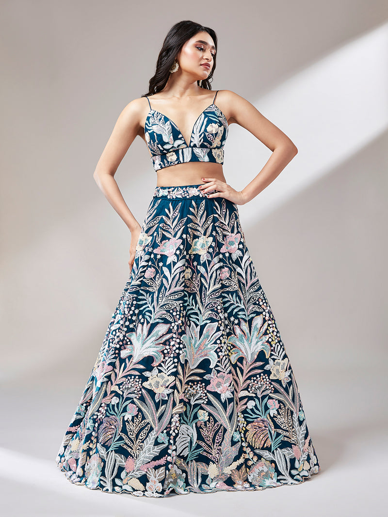 Navy Blue Floral Net Sequin Work Lehenga & Unstitched Blouse with Dupatta