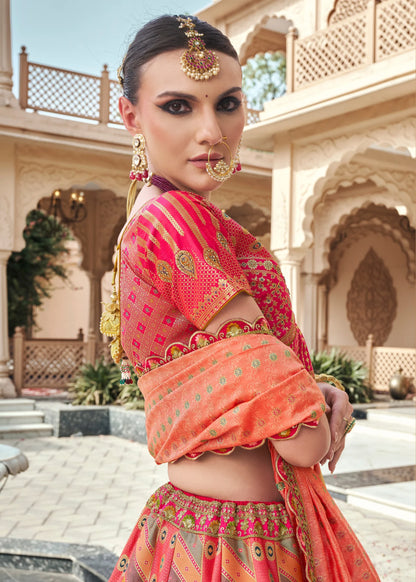 Peach Pink Banarasi Silk Lehenga Choli with Zarkan Work