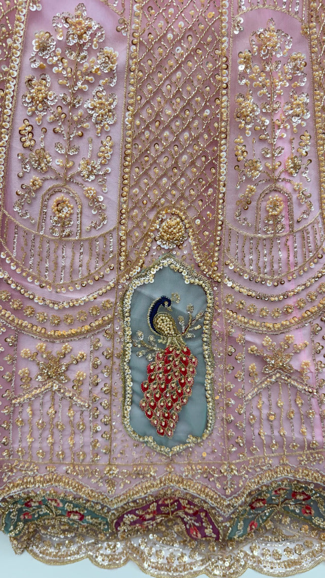 Pink Pure Heavy Net Motif Handwork Zari Sequins Work Bridal Lehenga Choli