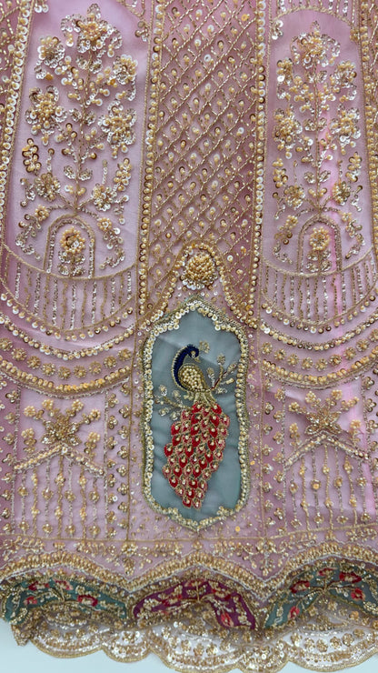 Pink Pure Heavy Net Motif Handwork Zari Sequins Work Bridal Lehenga Choli