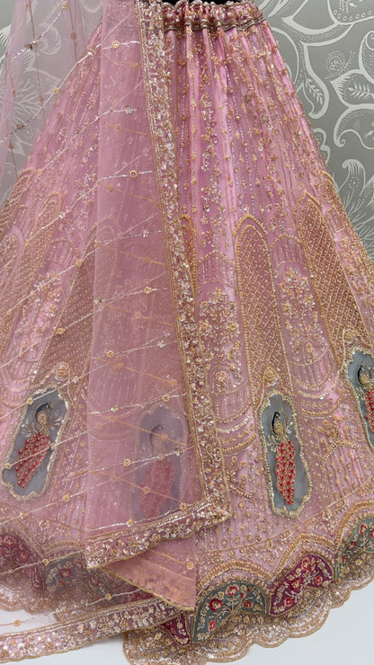 Pink Pure Heavy Net Motif Handwork Zari Sequins Work Bridal Lehenga Choli