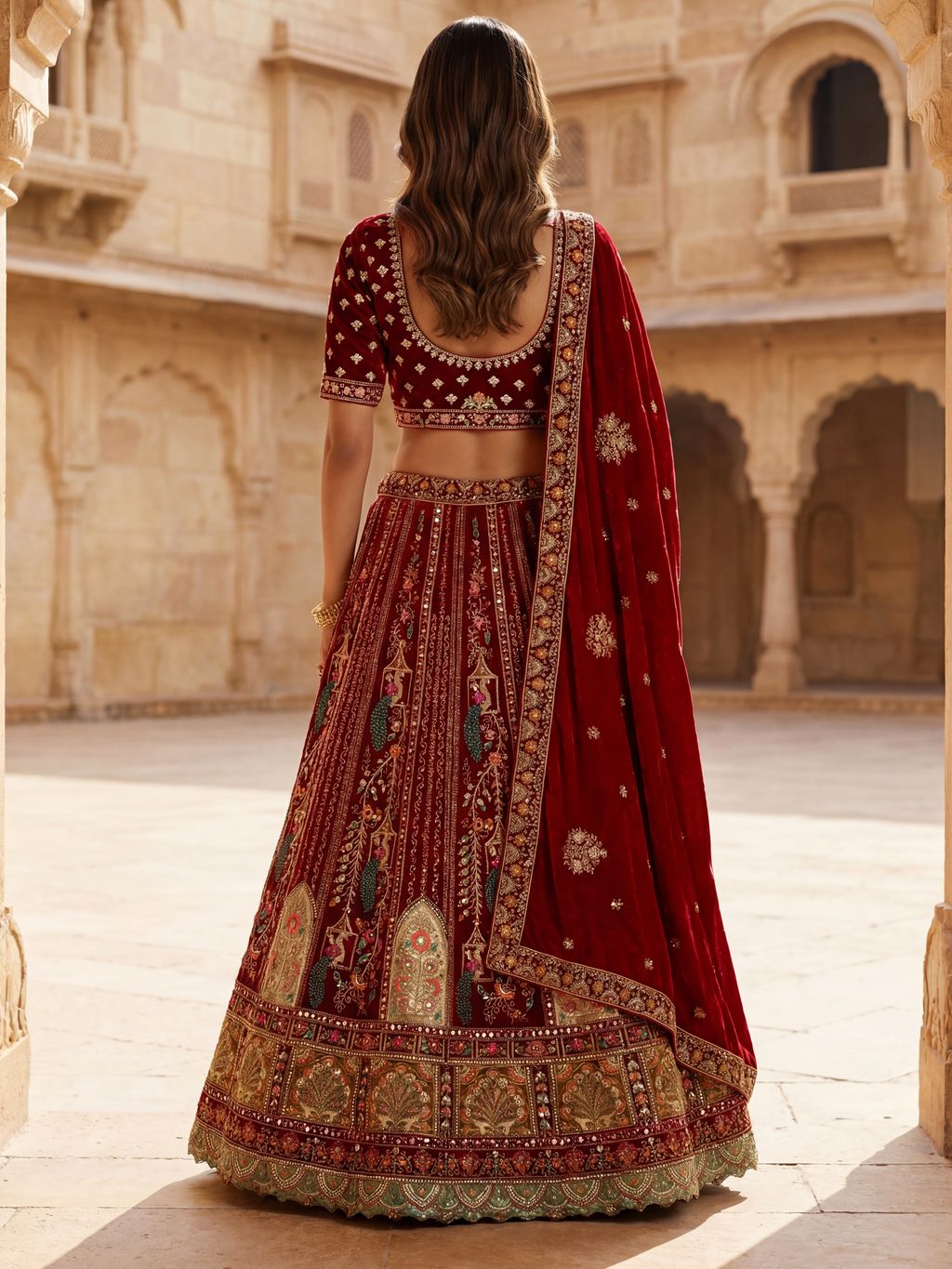 Red Pure Soft Velvet Heavy Embroidery Patch Work Bridal Lehenga