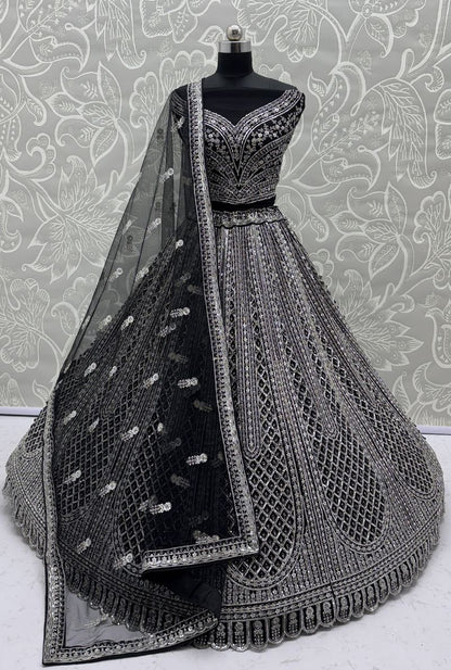 Black Pure Soft Net Heavy Embroidery Work Bridal Lehenga