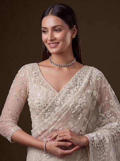 White Pure Premium Net Handwork Kasti &amp; Motif Zari Metallic Sequins Work Wedding Saree
