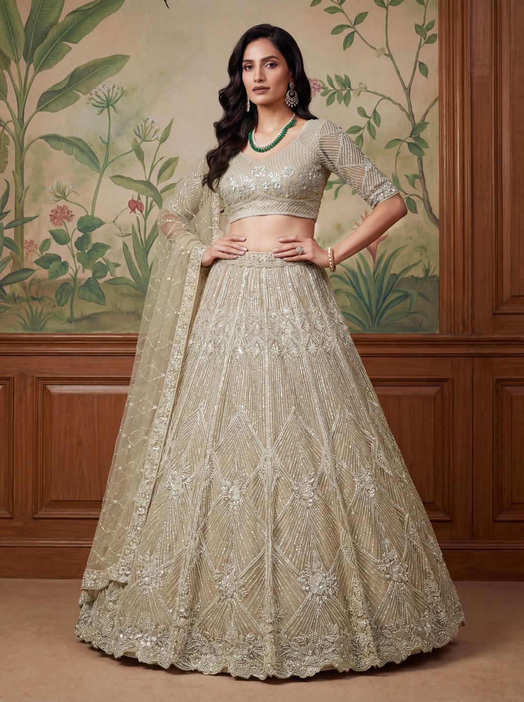 Cream Pure Soft Net Heavy Embroidery Work Bridal Lehenga