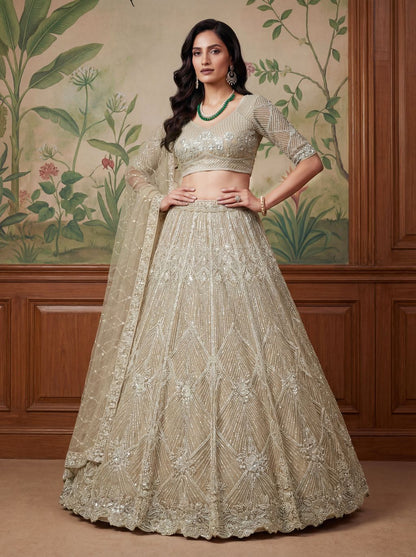 Cream Pure Soft Net Heavy Embroidery Work Bridal Lehenga